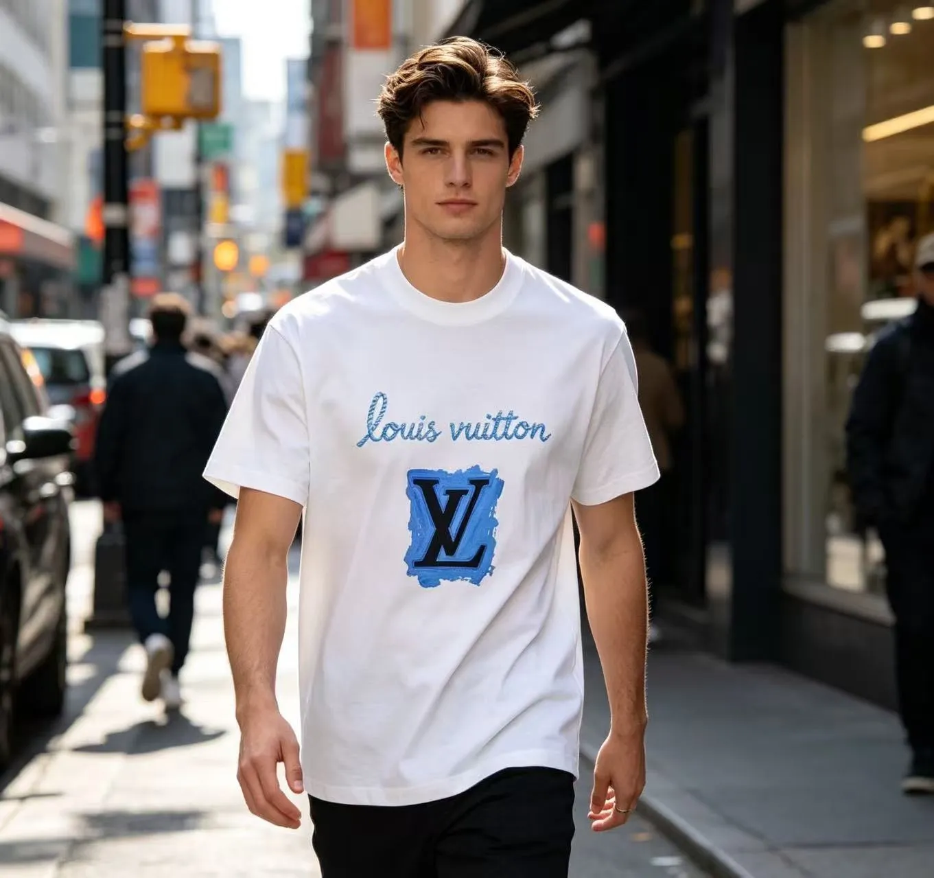 Louis Vuitton/Louis Vuitton blue graffiti LV printed short sleeves